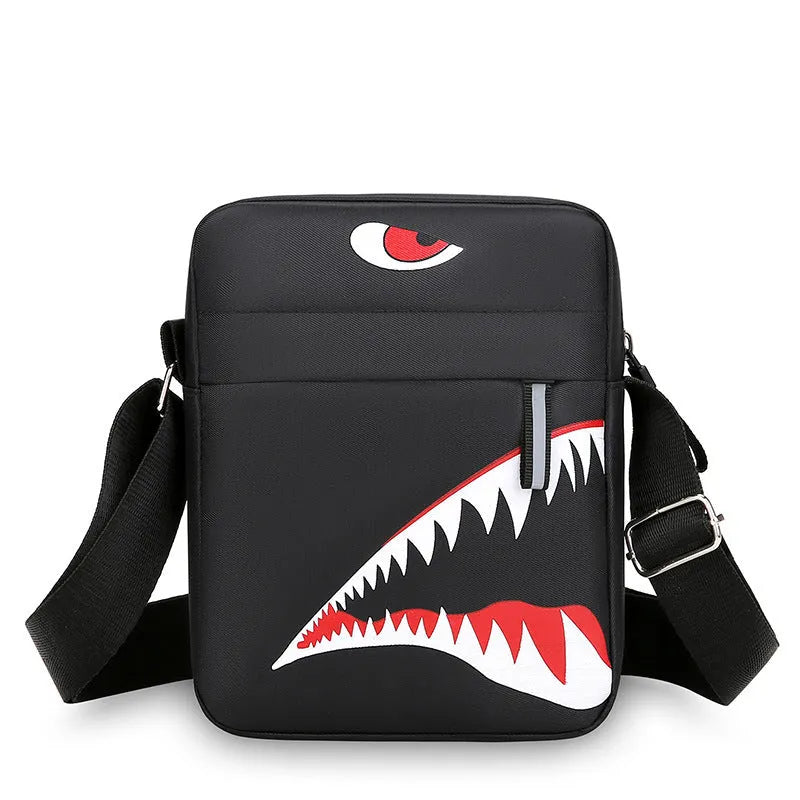 Men's small black crossbody bag with an animal pattern made from oxford cloth.