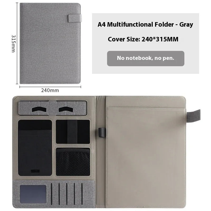 Black leather A4 business folder holding documents, with pen and notepad accessory options.
