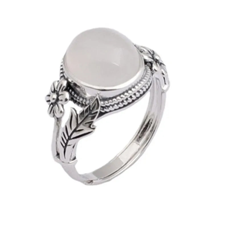 Adjustable copper vintage ring with imitation white chalcedony and antique finish
