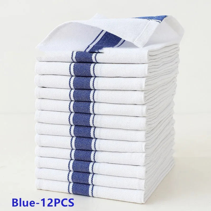 Set of twelve 48x70cm cotton polyester blend dish towels showing blue, yellow, brown, black, and striped colour options.