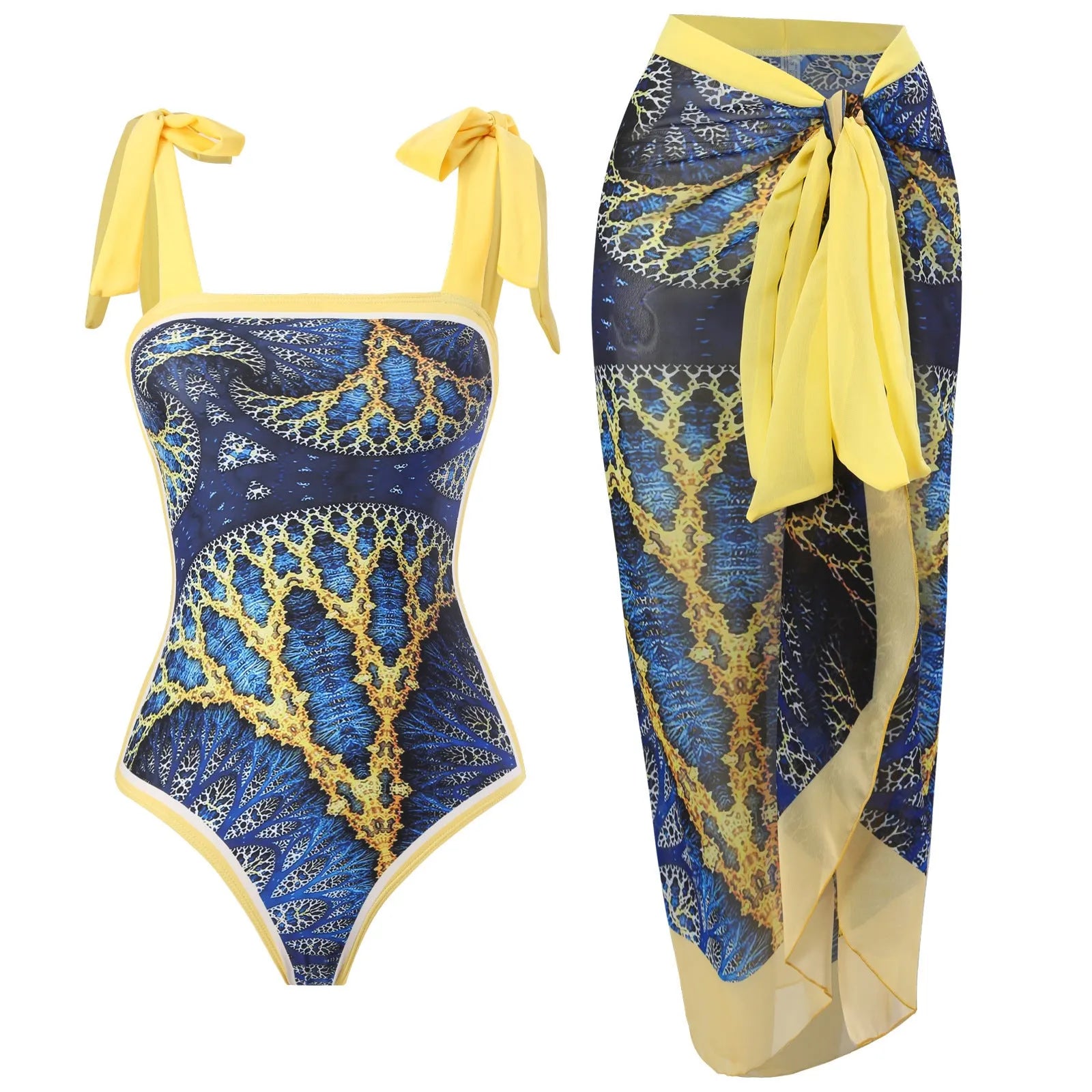 Women's yellow one-piece swimsuit with floral pattern and matching white chiffon skirt.