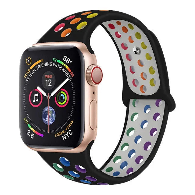Adjustable silicone sports wristband strap in black, rainbow, or white with a buckle.