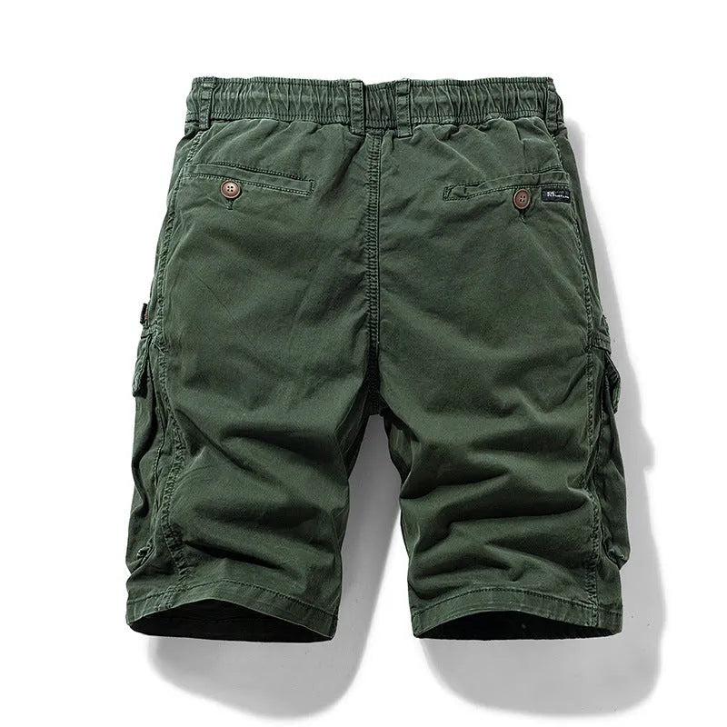 Men's cotton shorts with zipper and multiple pockets in army green, Korean fifth pants style