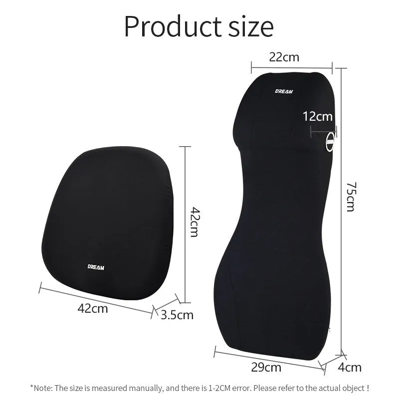 Black automotive memory foam cushion and lumbar support pillow on a car seat.
