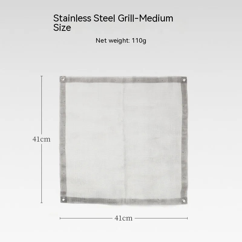 Silver stainless steel barbecue grill with separate grill net shown in large and medium size options