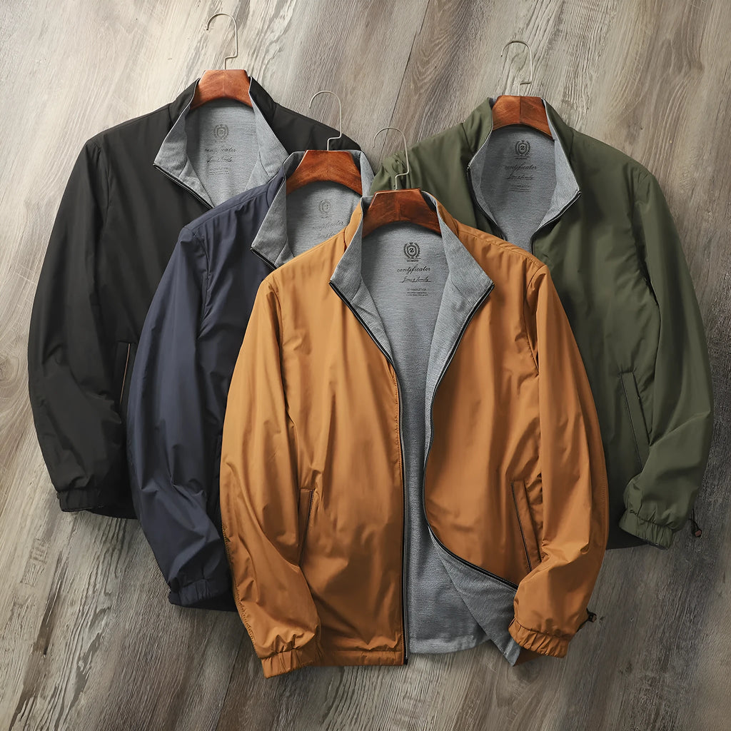 Men's simple stand collar jacket in polyester and cotton blend shown in one of four available colours.