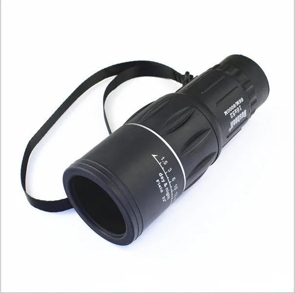 Black 16x52 high-power monocular with 52mm objective lens and green film coating