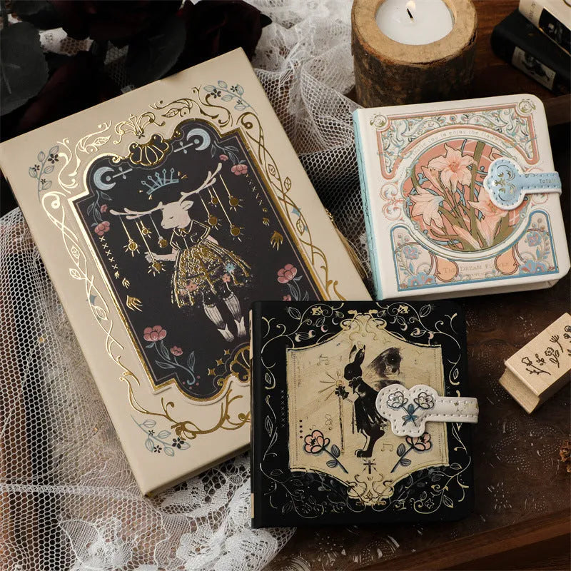 Retro gothic style A5 notebook with hand-drawn art cover designs including maze, forest, and fruit themes