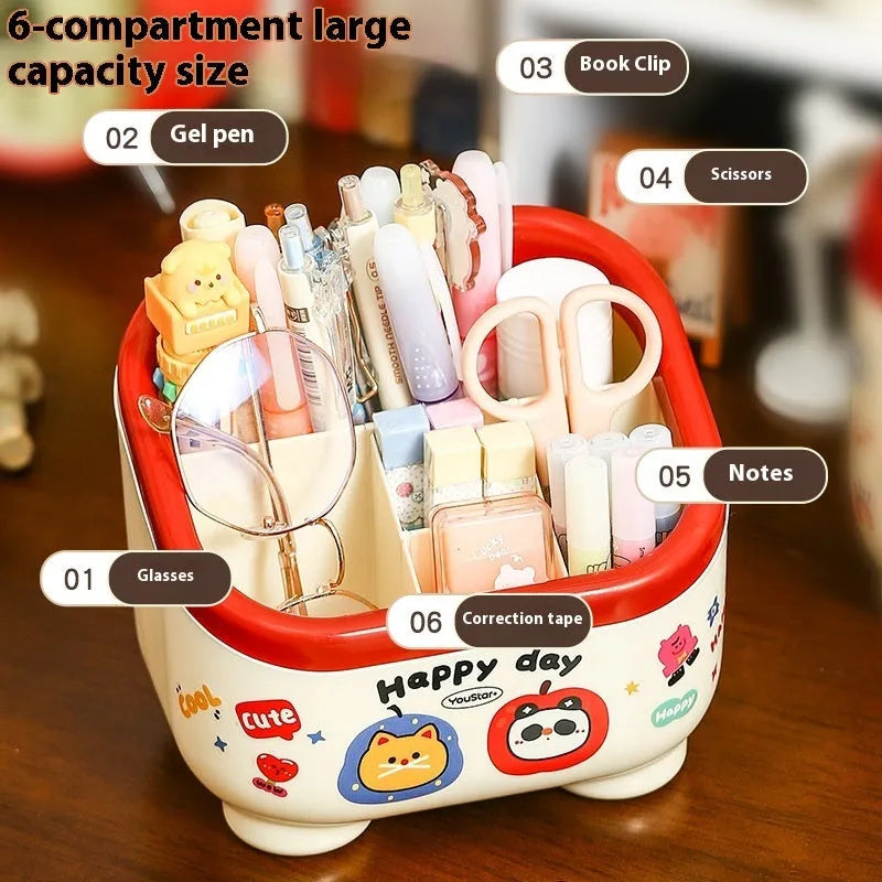 Red and brown cartoon-style plastic desktop storage organiser with grid pattern for stationery and sundries.