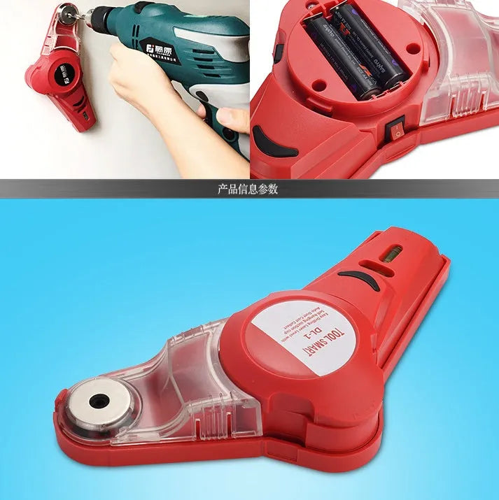 Red portable infrared laser level with integrated punching tip for woodworking.