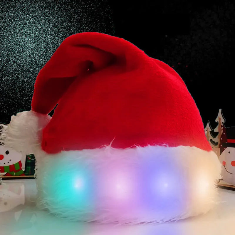 Red and white plush Santa hat with integrated multi-colour LED lights lit up around the brim.