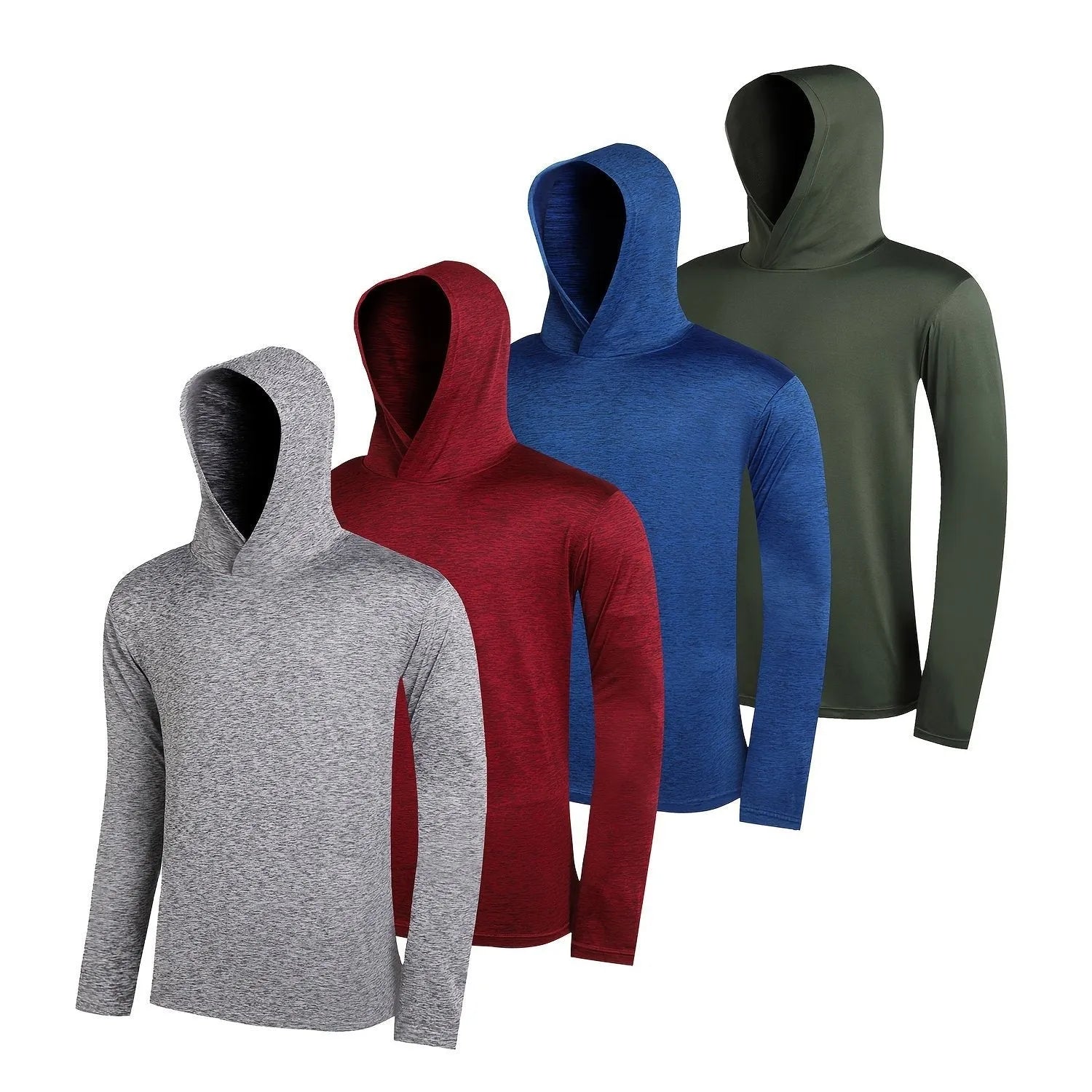 Four-pack of men's lightweight polyester hooded sweatshirts in various colours on hangers.