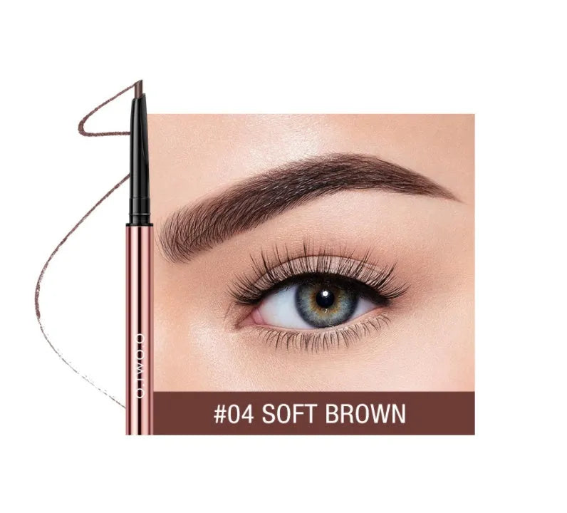 Triangular eyebrow pencil in plastic case with six shade options including blonde, taupe and dark brown