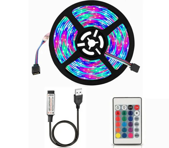 1 metre long flexible USB LED light strip showing SMD5050 chips, with a connected USB cable.