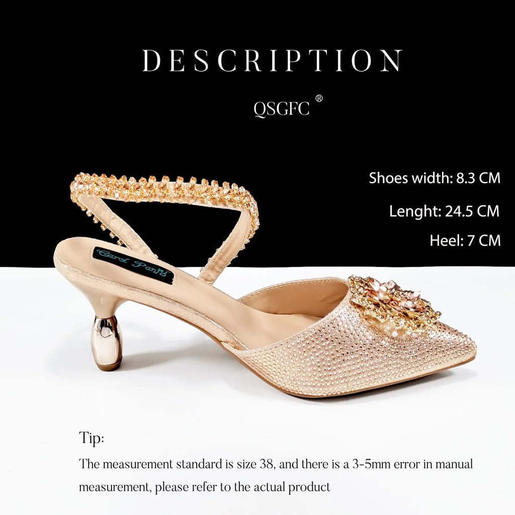 Women's black high heel shoes with matching clutch bag, decorative drill buckle flower ankle chain, and rhinestone details.