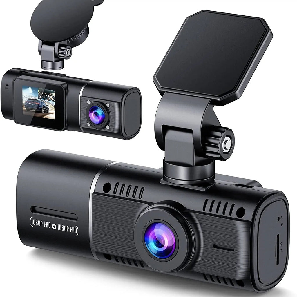 Black dual-channel dashcam car camera with front and rear recording for vehicle security