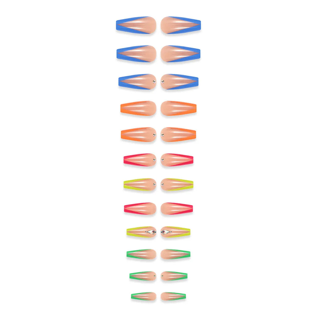 Diamond colour press-on nail tips with cartoon, love, and cross heart designs for a French manicure look.