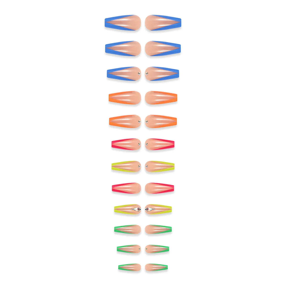 Diamond colour press-on nail tips with cartoon, love, and cross heart designs for a French manicure look.