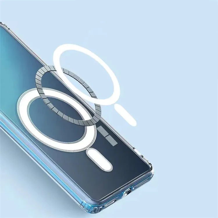 Clear transparent MagSafe magnetic phone case for Samsung Galaxy S21, S22, S23 models on a table
