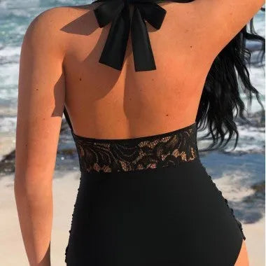 Sexy patchwork backless tight-fitting cinched belly covering one-piece swimsuit in black polyester