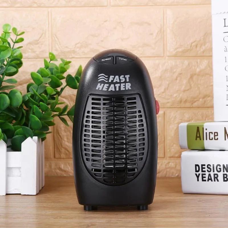 Black compact mini electric heater with digital display and a rotating three-prong plug