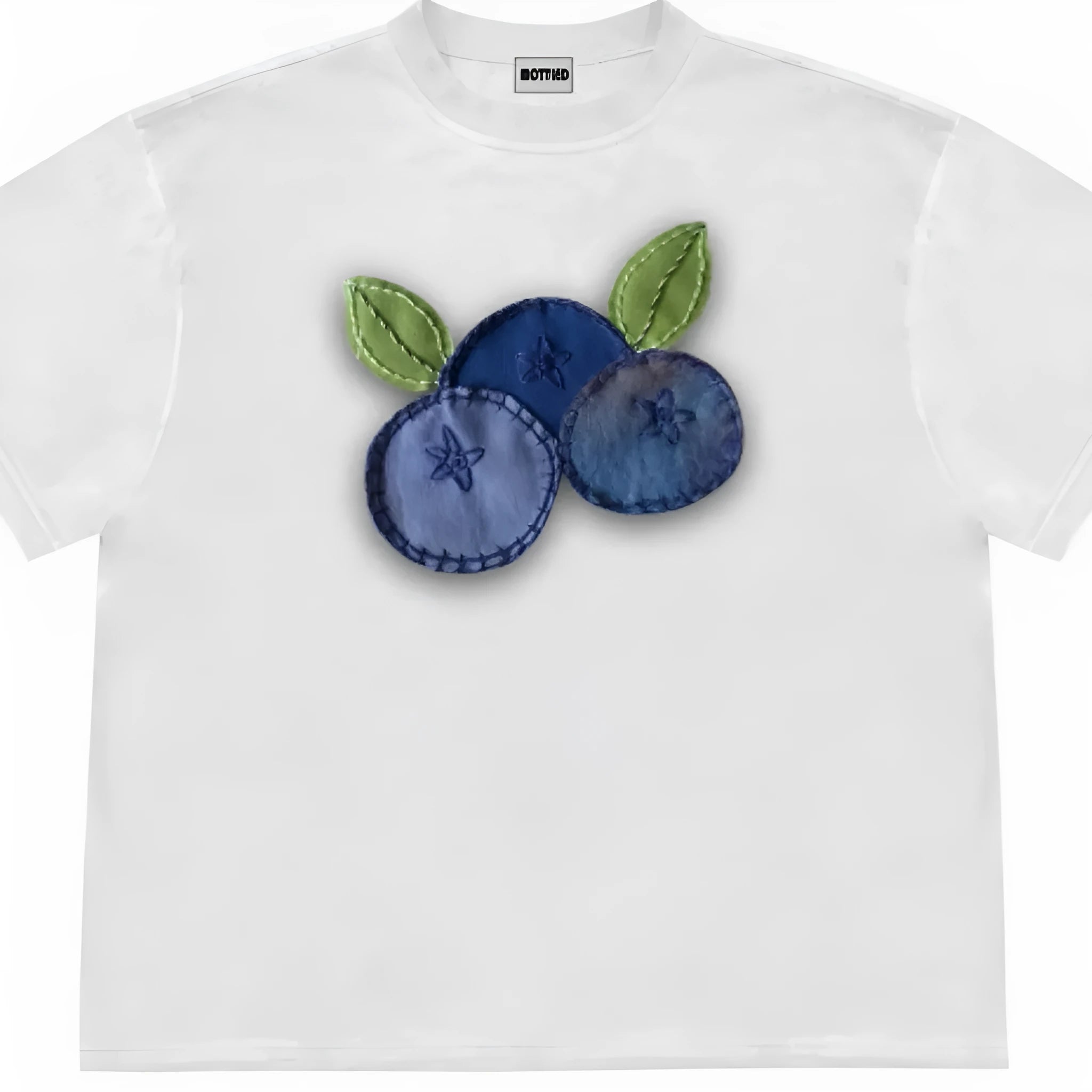 Blueberry fruit patchwork pattern t-shirt in ice oxygen cotton fabric with loose fit and short sleeves