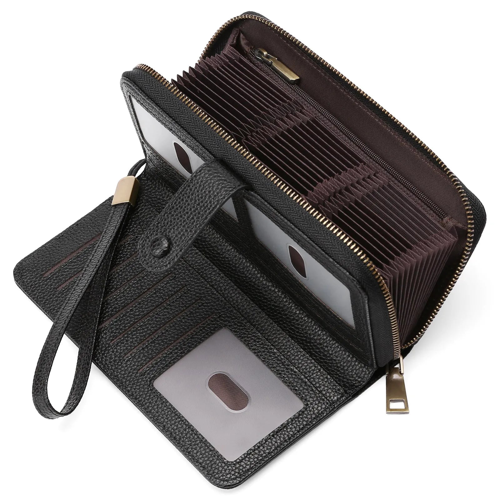 Women's expanding long wallet in denim blue showing card slots and passport pocket with anti-theft swiping feature