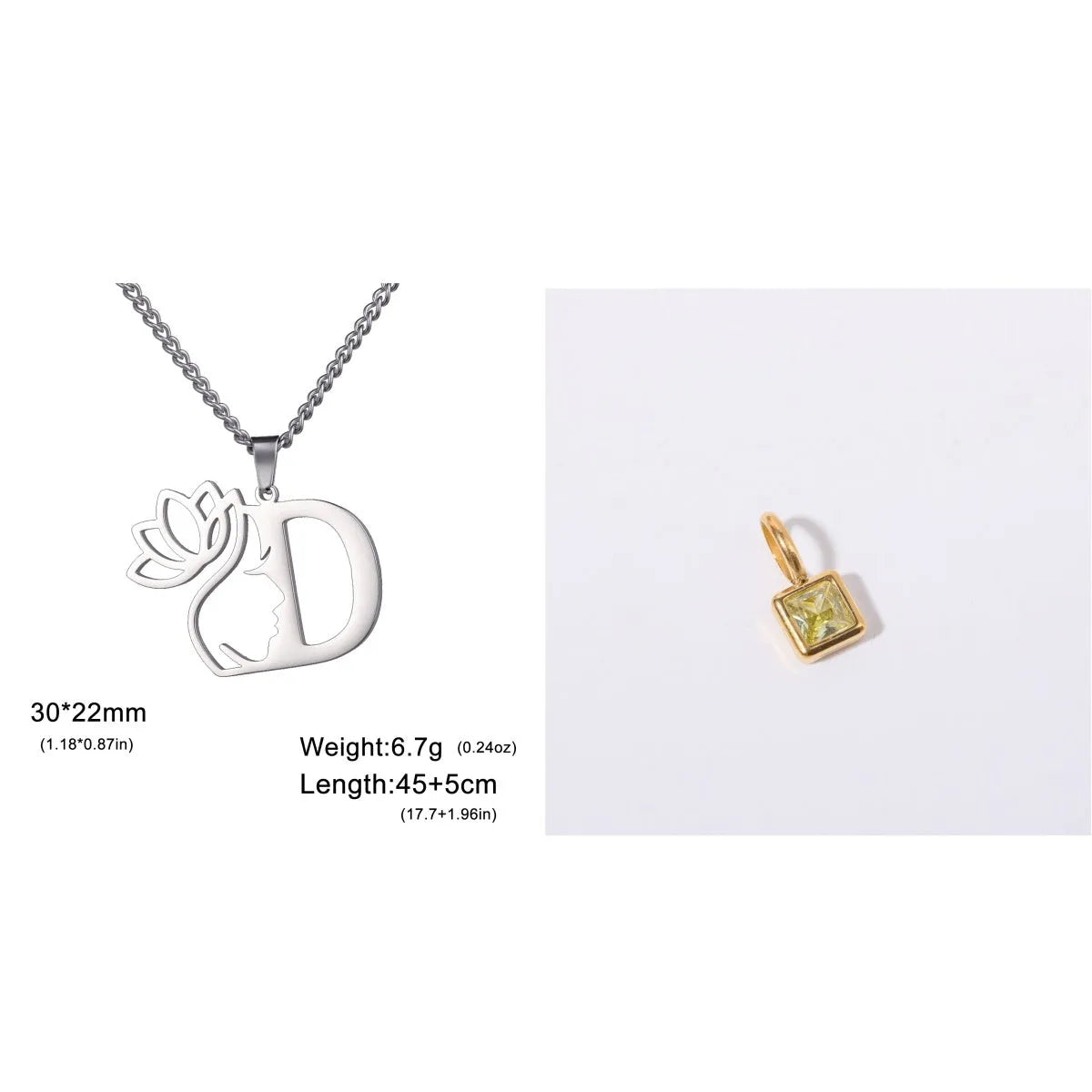 Stainless steel necklace with cross chain design and initial pendant in gold or silver finish