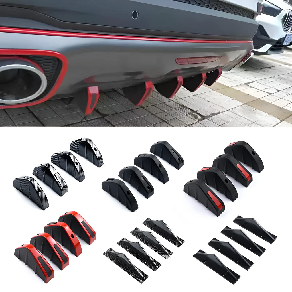 Black ABS plastic triangular car rear spoiler with mounting hardware on a white background.