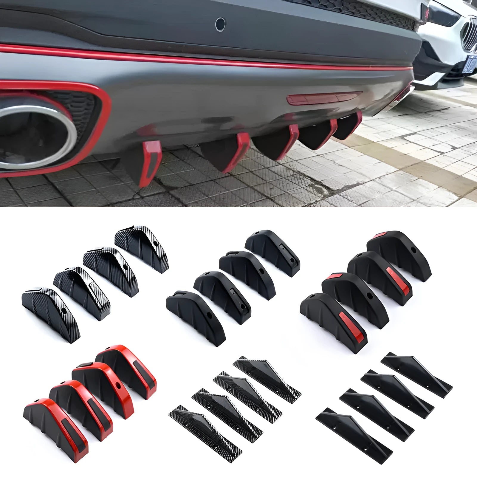 Black ABS plastic triangular car rear spoiler with mounting hardware on a white background.