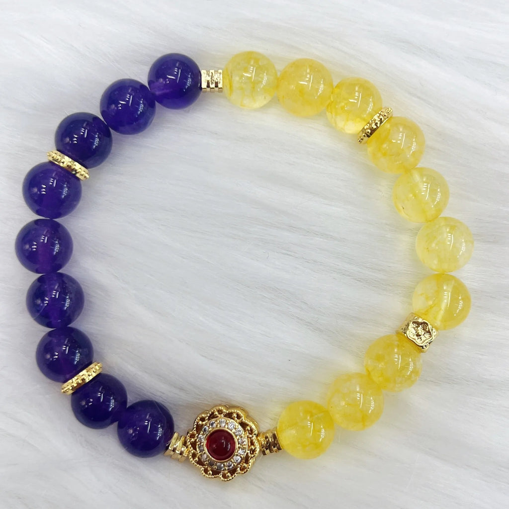 Handmade women's yellow and purple amethyst crystal bracelet with secure clasp fastening