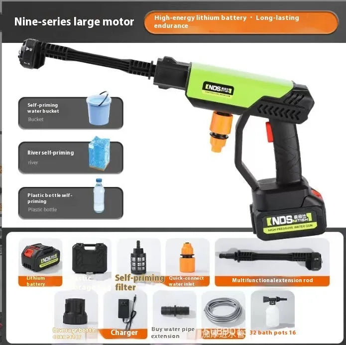 Wireless high pressure water gun in green with six nozzle attachments and accessories for household cleaning