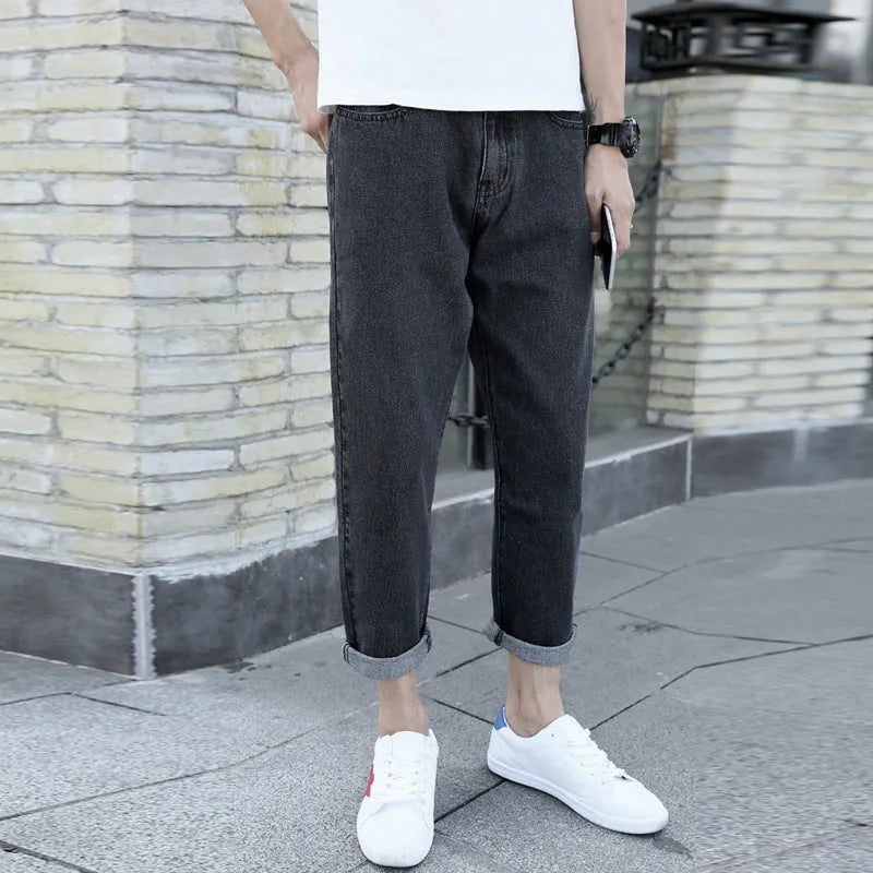 Men's loose fit straight leg cotton jeans in black college style casual trousers