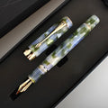 Deep Bath Green metal fountain pen showing fine, medium, and graphic nib options.