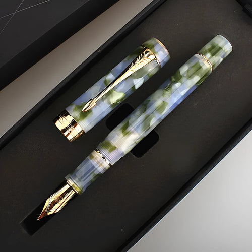 Deep Bath Green metal fountain pen showing fine, medium, and graphic nib options.