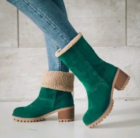 Women's mid-calf suede snow boots with a thick low heel and round toe in grey.
