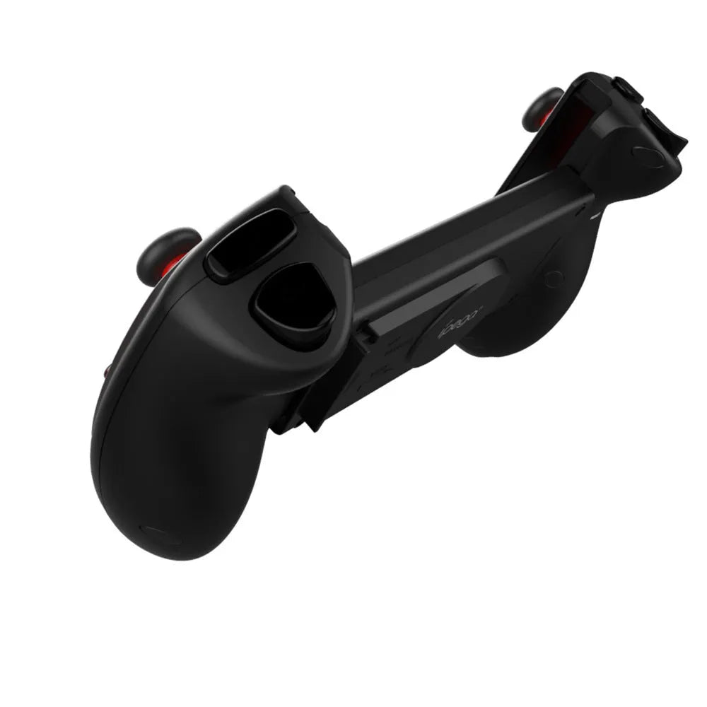 Red telescopic Bluetooth gamepad controller holding a smartphone, with a USB cable.