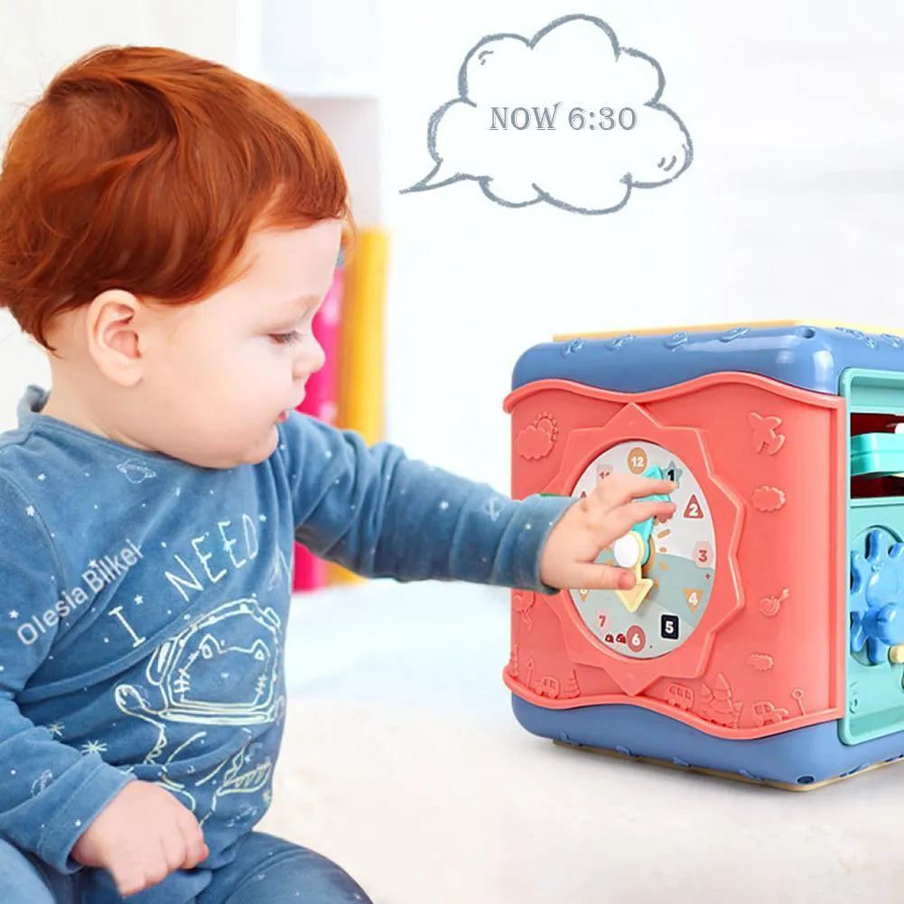 Baby educational hexahedron cube with six activity sides including bead maze and clock