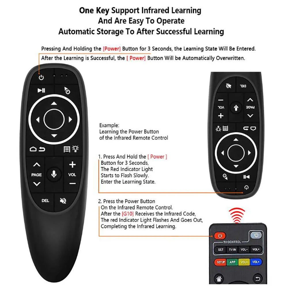 G10 series intelligent voice remote control with silicone buttons and plastic shell, shown next to its packaging box.