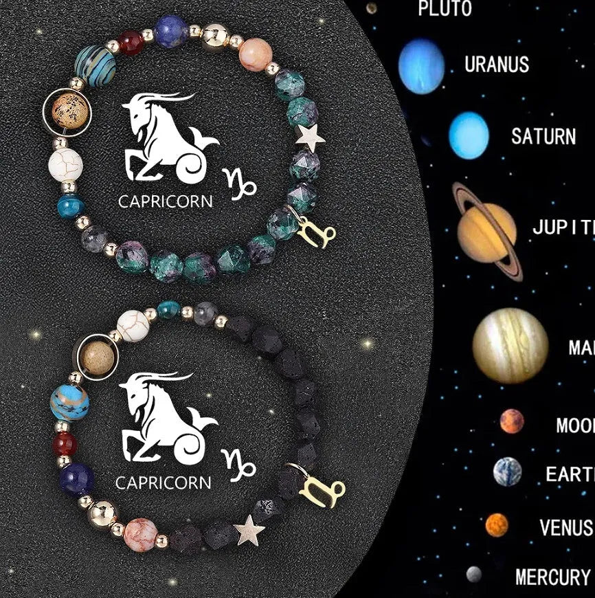 Set of two natural stone beaded bracelets showing zodiac sign designs on a cord.