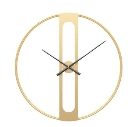 Round metal wall clock with 50cm diameter in black or gold colour on a wall.