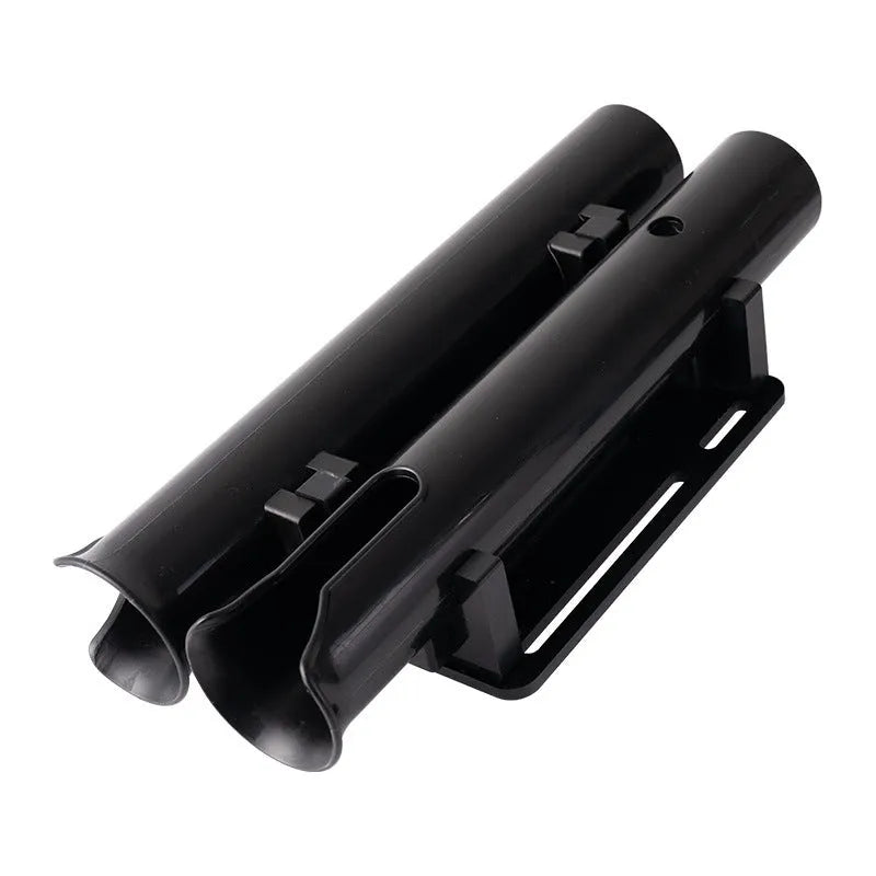 Plastic fishing rod rack with double-layer frame for mounting to bicycle or motorcycle handlebars.