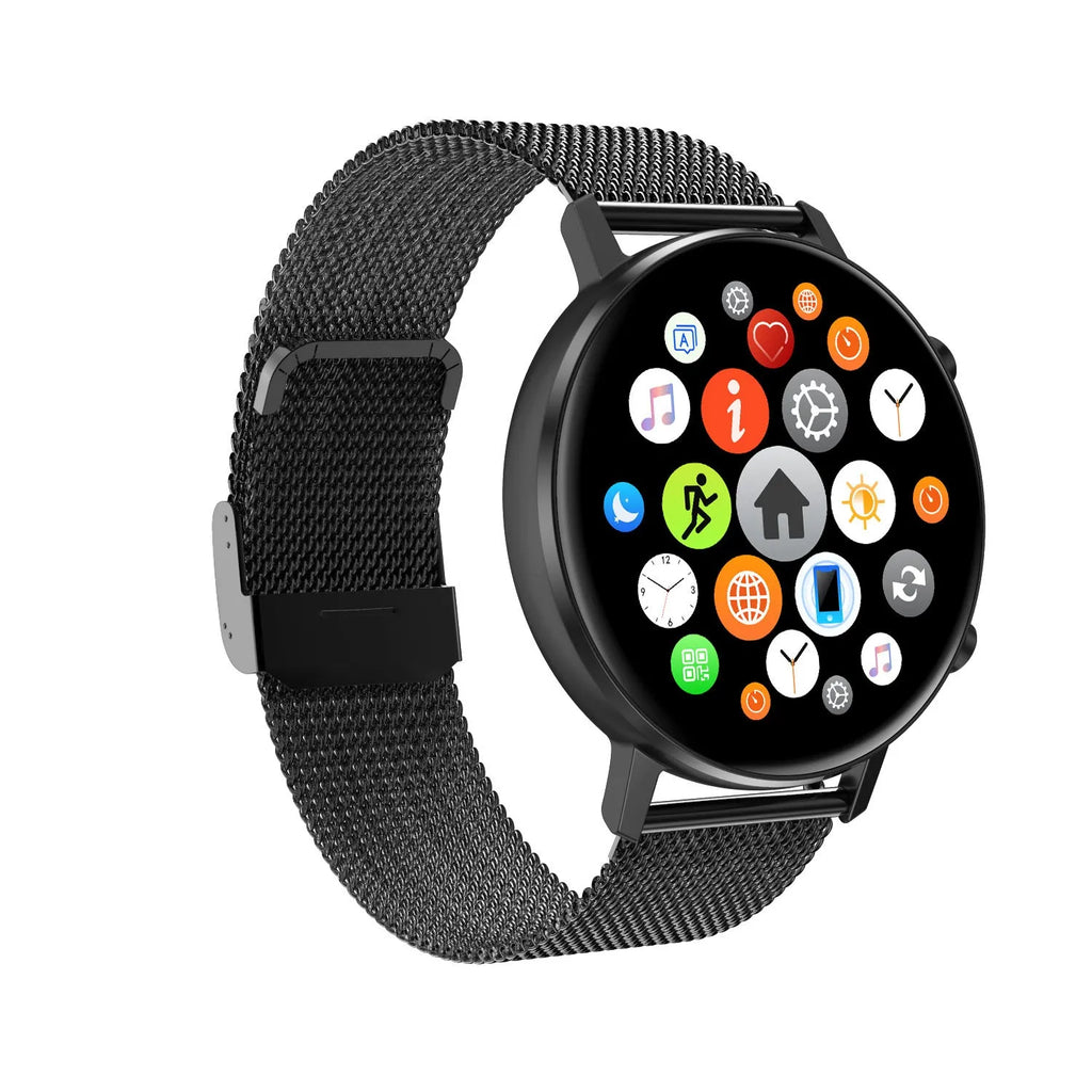 DT96 smart bracelet with steel strap on wrist, showing 1.3-inch colour screen.