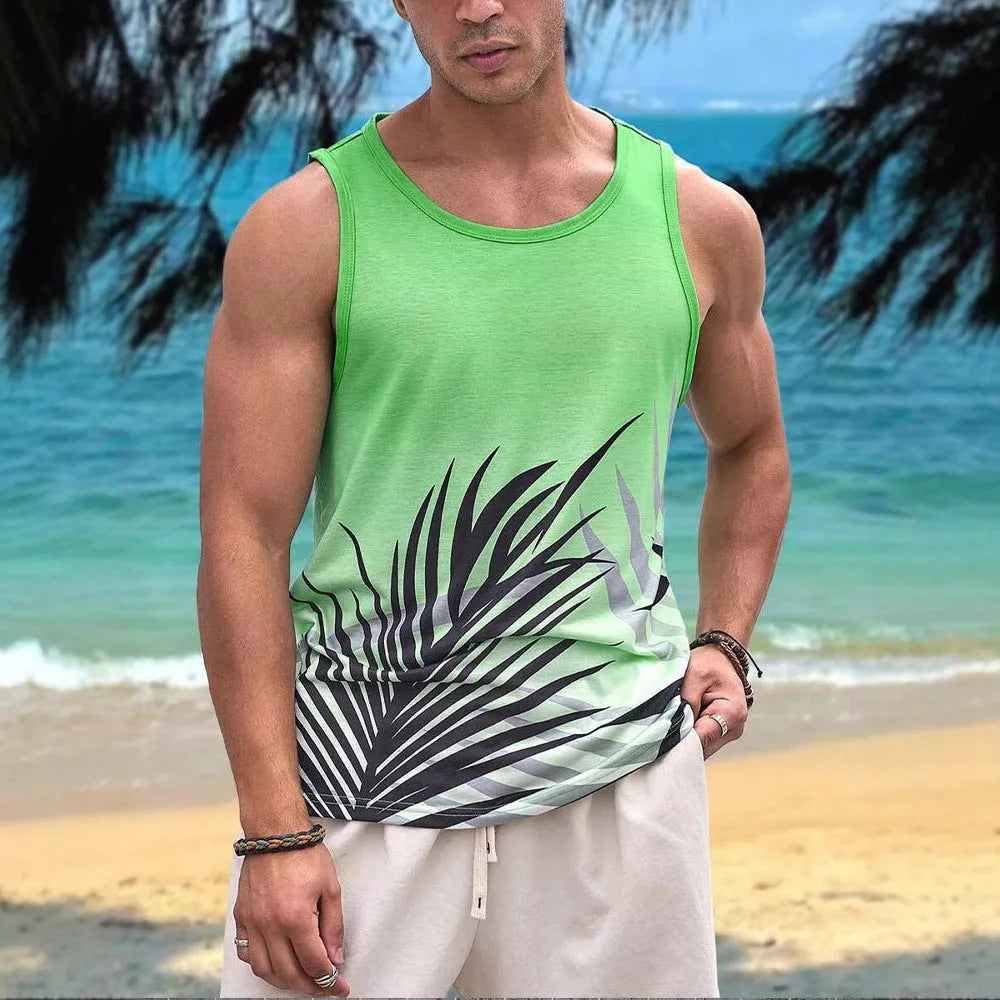 Men's 3D printed Hawaiian style sleeveless vest in solid colour with comprehensive sizing options