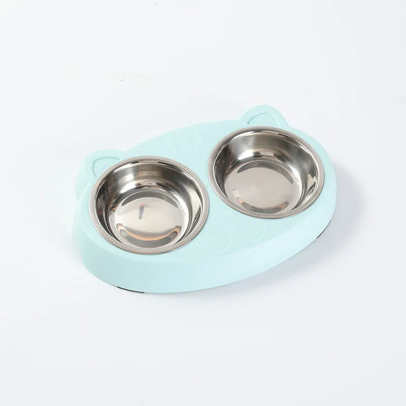 Blue macaron-shaped plastic pet feeding tray with two bowls for cat or dog food and water.
