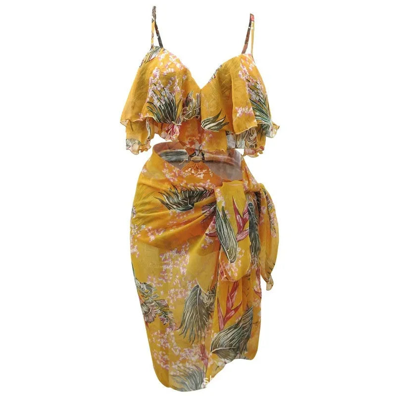 New Women Push Up One Piece Triangle Belt Large Veils Couple Swimwear Nylon Polyester Swimsuits for Beach and Pool in Pink Floral or Yellow Flower