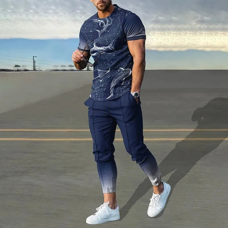 Men's short-sleeved printed pullover and matching trousers set on a neutral background