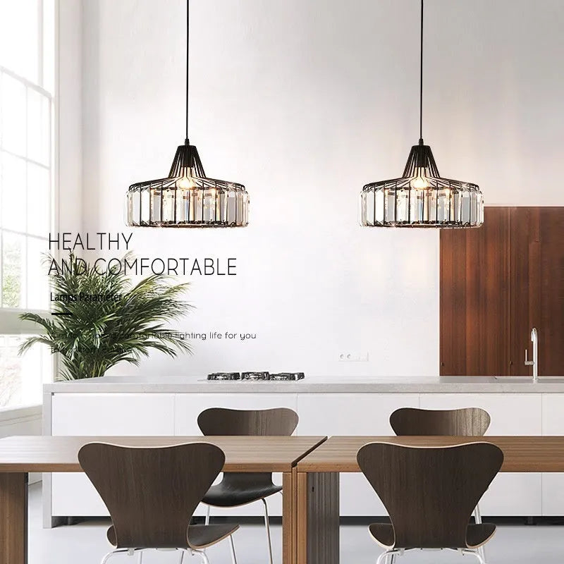 Modern black and gold crystal chandelier ceiling lamp with LED lights in various sizes.