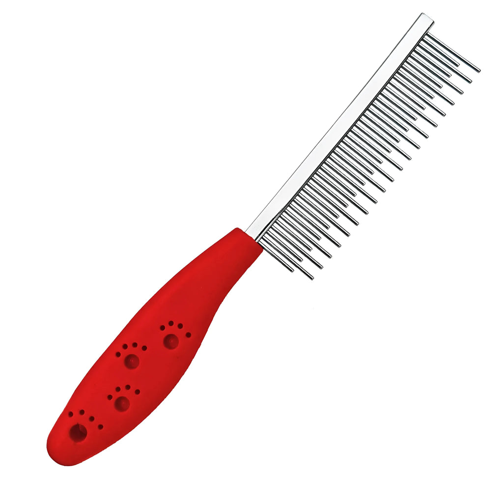 Red plastic handle pet comb with dual-length stainless steel teeth for detangling and dematting.