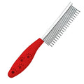 Red plastic handle pet comb with dual-length stainless steel teeth for detangling and dematting.